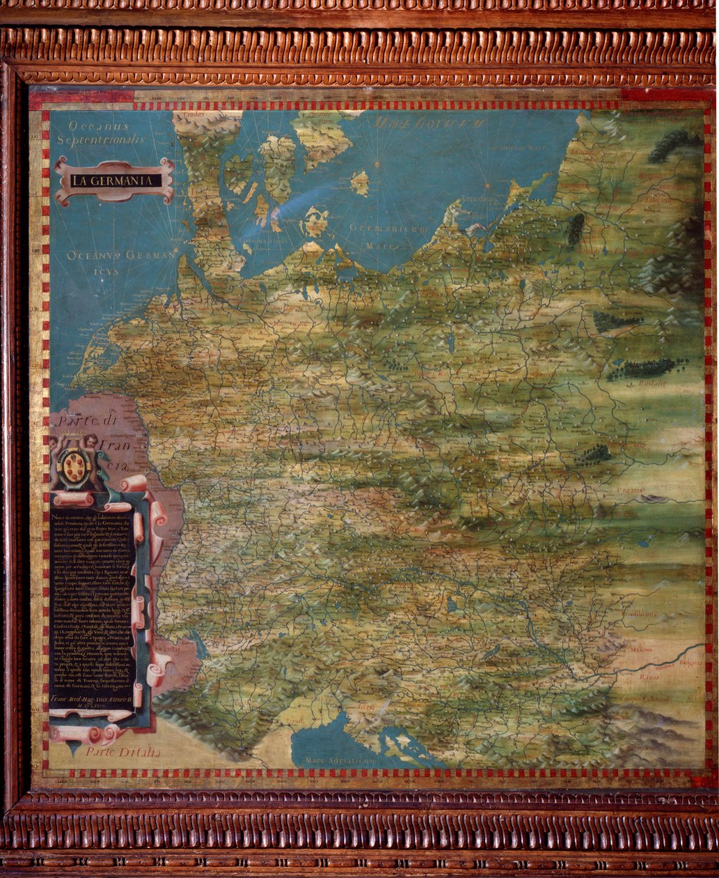 Tyskland-kort laget av Stefano Bonsignori (? -1589) italiensk kosmograf og maler. Rundt 1581. Firenze, Palazzo Vecchio, Sala del Mappamondo av Stefano Buonsignori