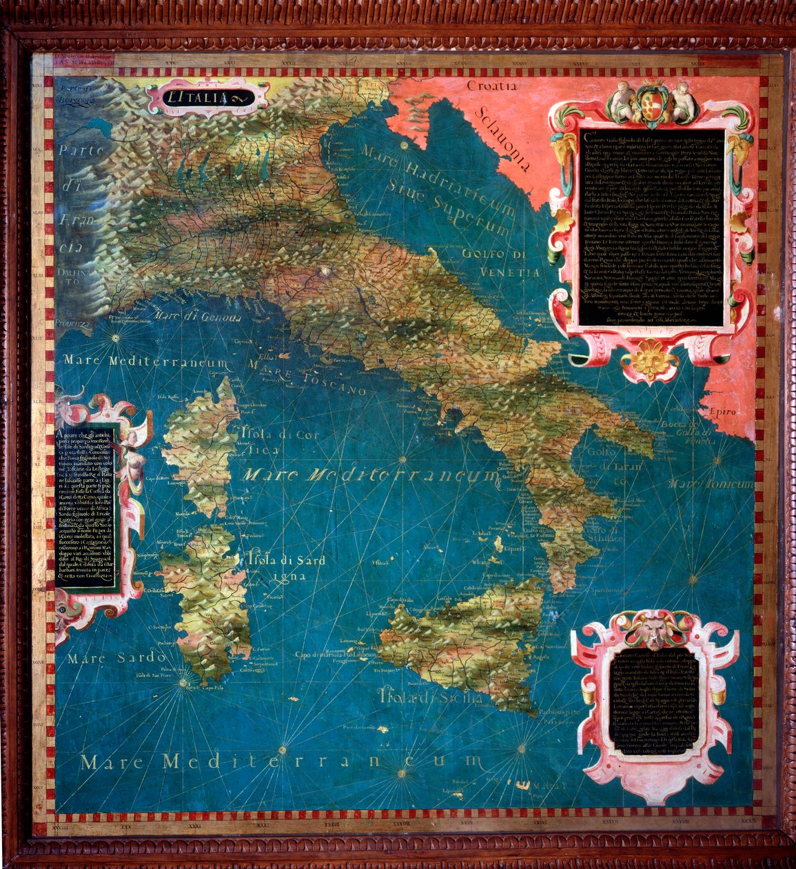 Italia og Korsika-kort laget av Stefano Bonsignori (? -1589) italiensk kosmograf og maler. Rundt 1581. Firenze, Palazzo Vecchio, Sala del Mappamondo av Stefano Buonsignori