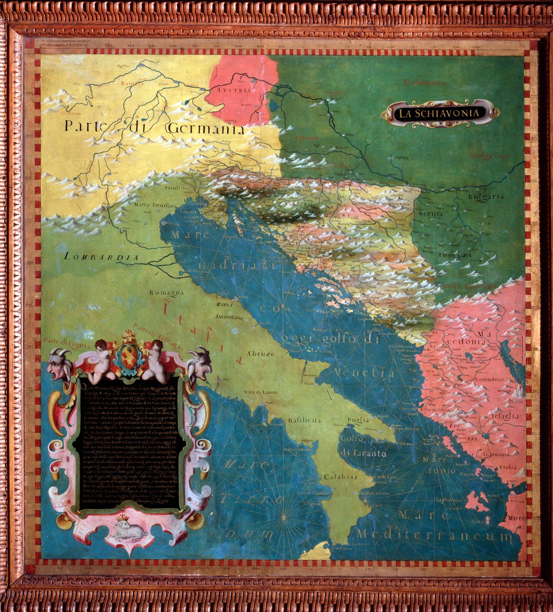 Italia og Jugoslavia (slaviske land) Kart laget av Stefano Bonsignori (? -1589) italiensk kosmograf og maler. Rundt 1581. Firenze, Palazzo Vecchio, Sala del Mappamondo av Stefano Buonsignori