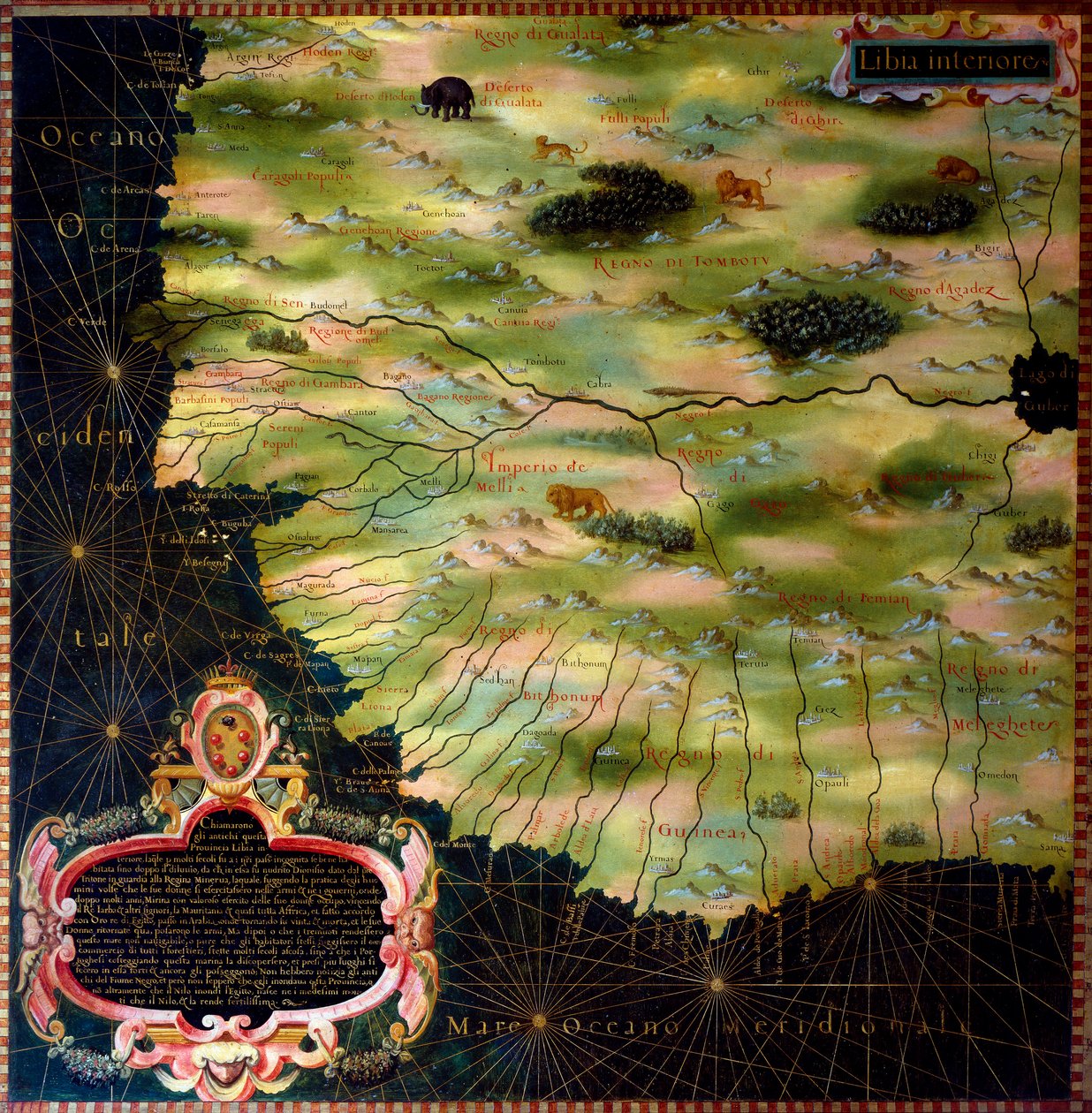 Kart over vestafrikanske kyster (Libya, Guinee, Sierra Leone, Senegal) av Stefano Bonsignori (Buonsignori) (d. 1589) 1581 Maling av kabinettene til Geographic Map Room. Palazzo Vecchio, Sala del Mappamondo Firenze av Stefano Buonsignori