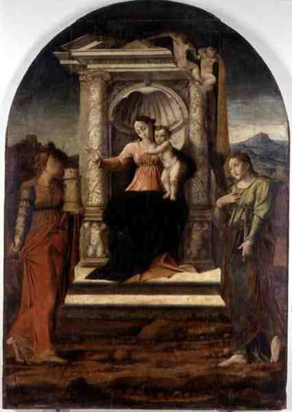 Madonna tronet med St. Barbara og St. Lucia (olje på panel) av Stefano Giordano