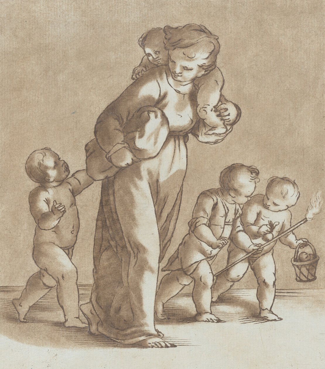 En ung jente går mot venstre med ett spedbarn på skulderen og holder et annet..., ca. 1780. av Stefano Mulinari