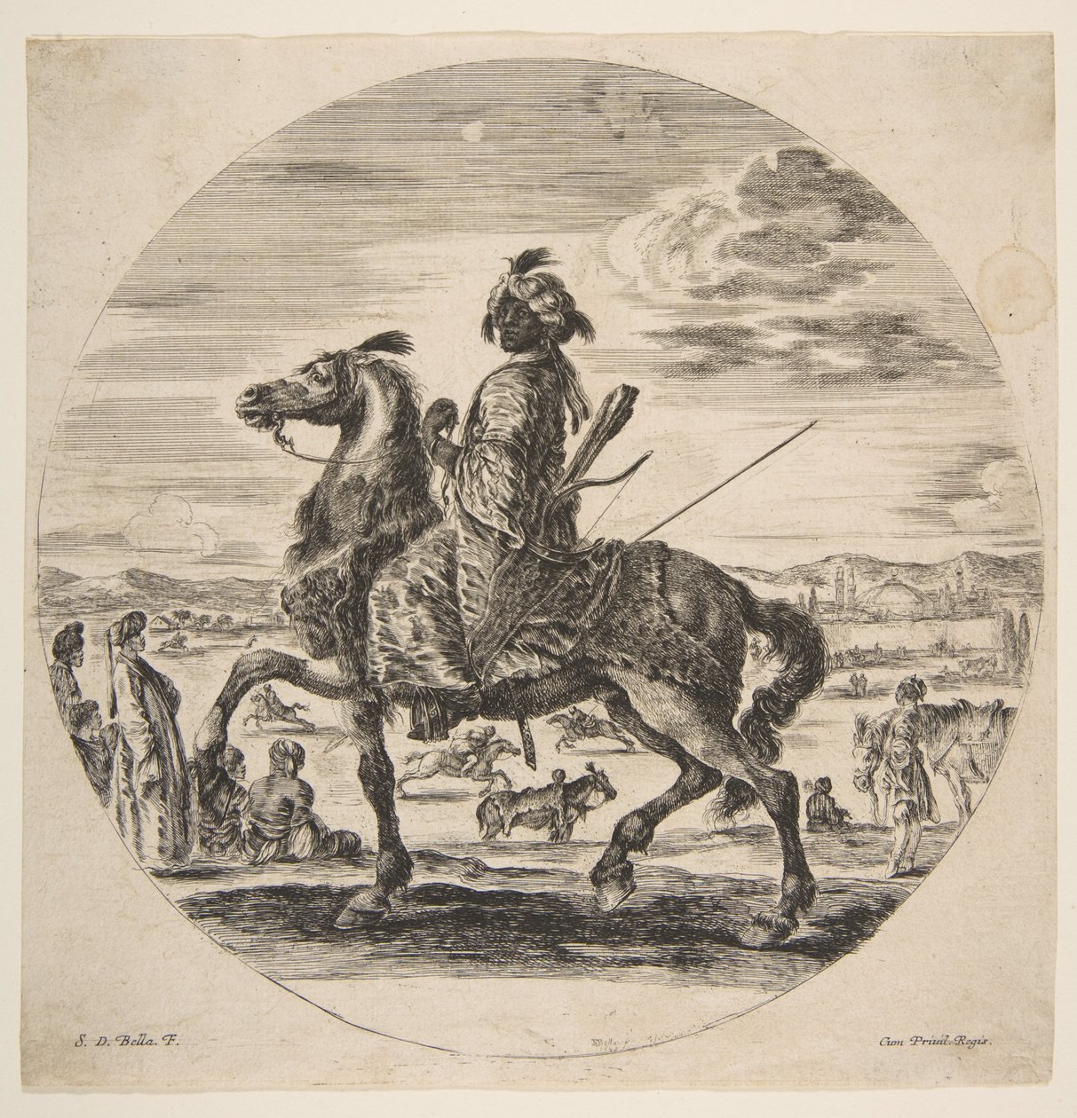 En maurisk rytter vendt mot venstre, stående og sittende tyrkere i mellomgrunnen, en..., ca. 1651. av Stefano della Bella