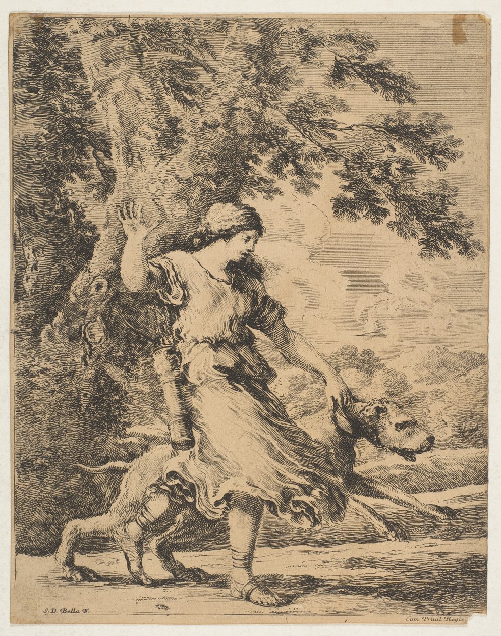 En nymfe som holder en stor hund i halsbåndet, ca. 1654. av Stefano della Bella
