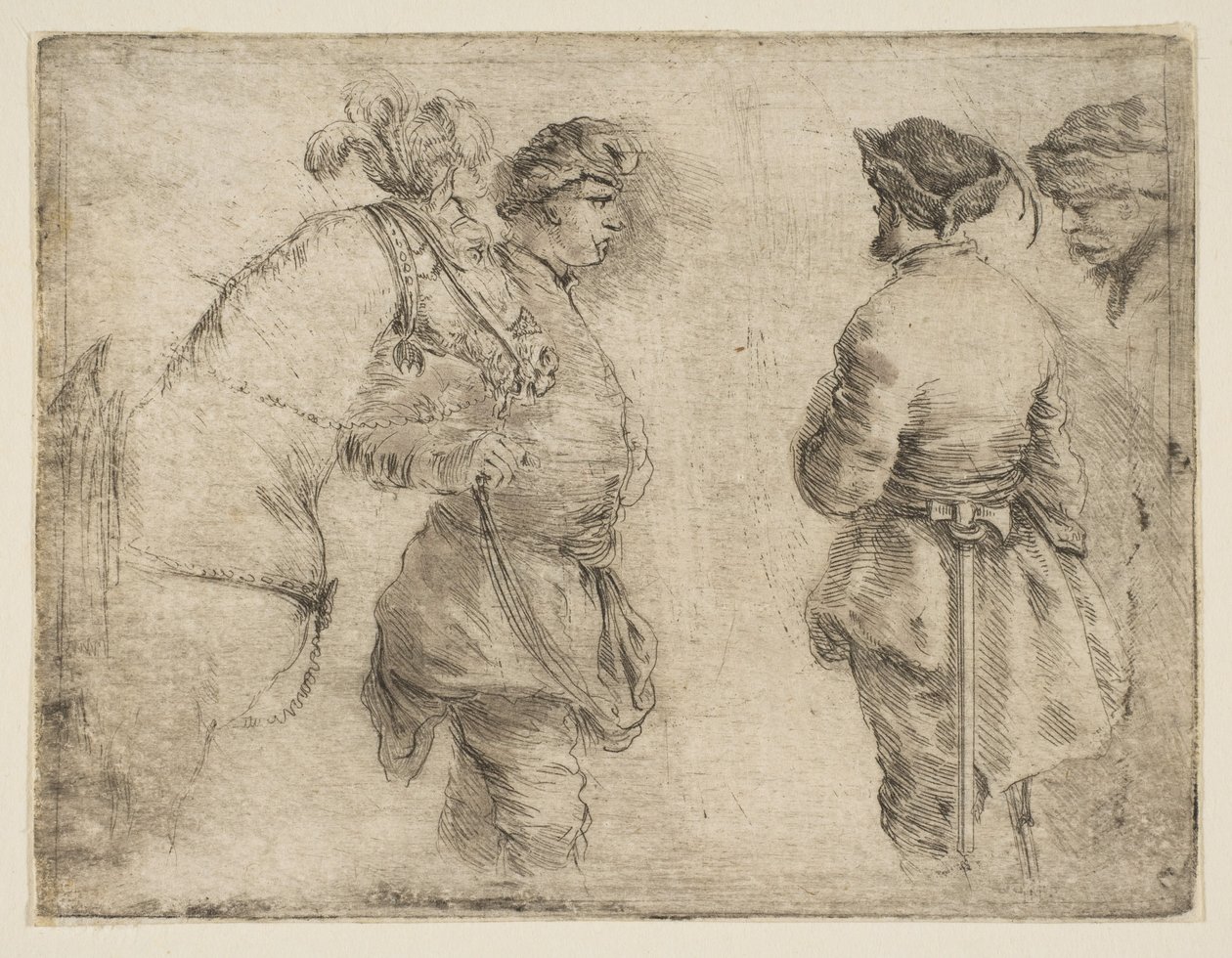 En stang som leder en hest ved hodelaget og snakker med to andre menn, ca. 1662. av Stefano della Bella