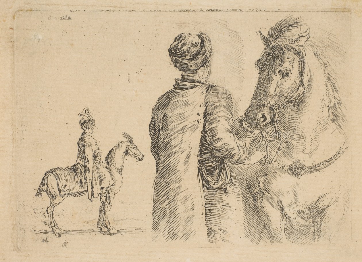 En polsk brudgom, bakfra, holder en hest ved hodelaget, ca. 1662. av Stefano della Bella