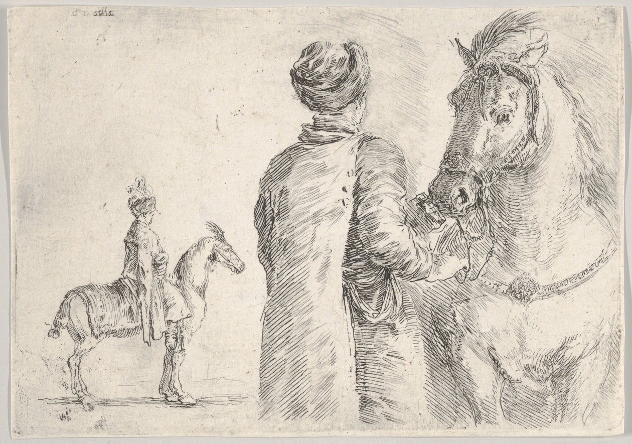 En polsk betjent, sett bakfra, holder hodelaget til en hest mot høyre, en polsk hor..., ca. 1662. av Stefano della Bella