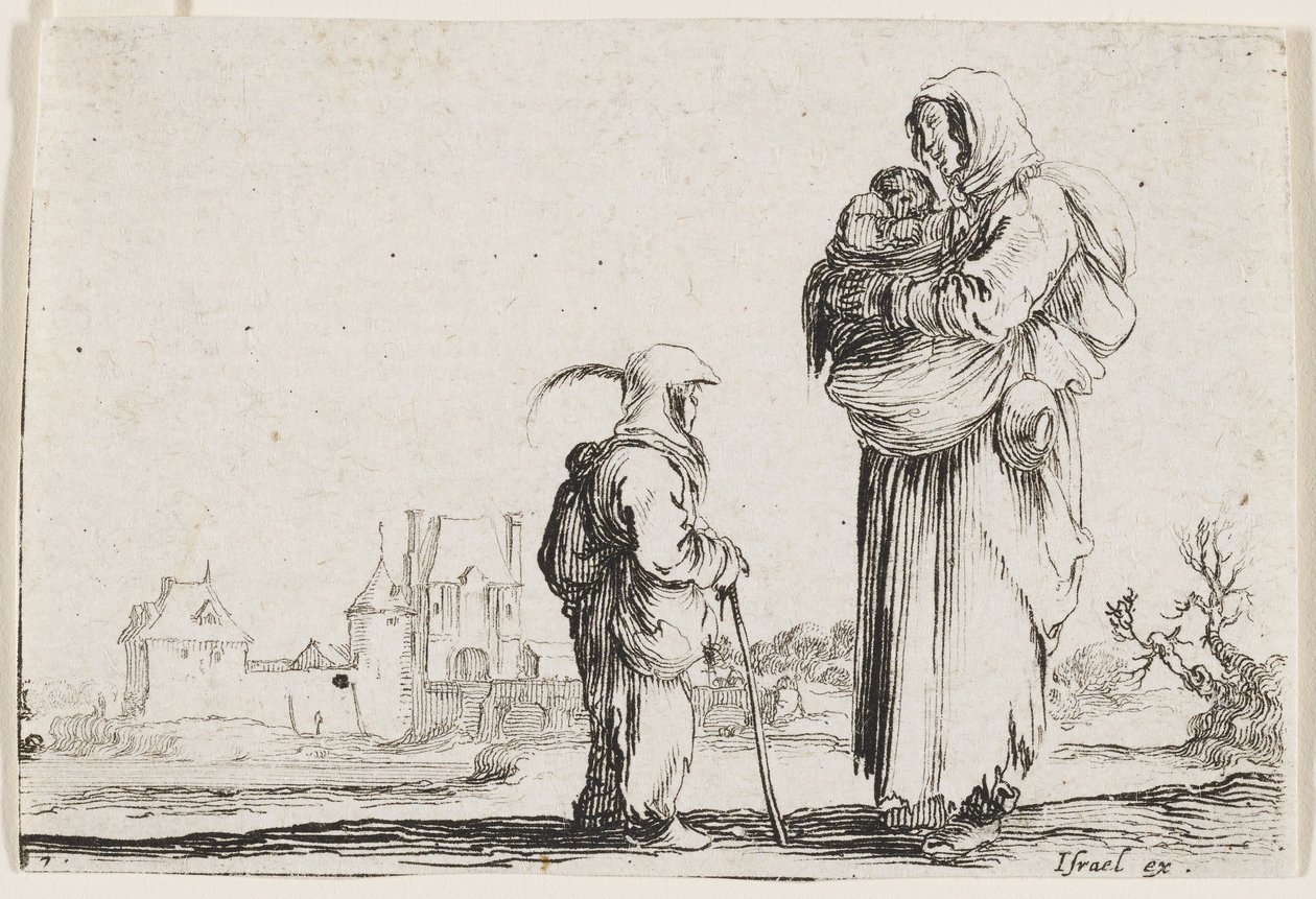 En fattig stående kvinne som holder et spedbarn, fra Caprices, plate 7 av Stefano della Bella
