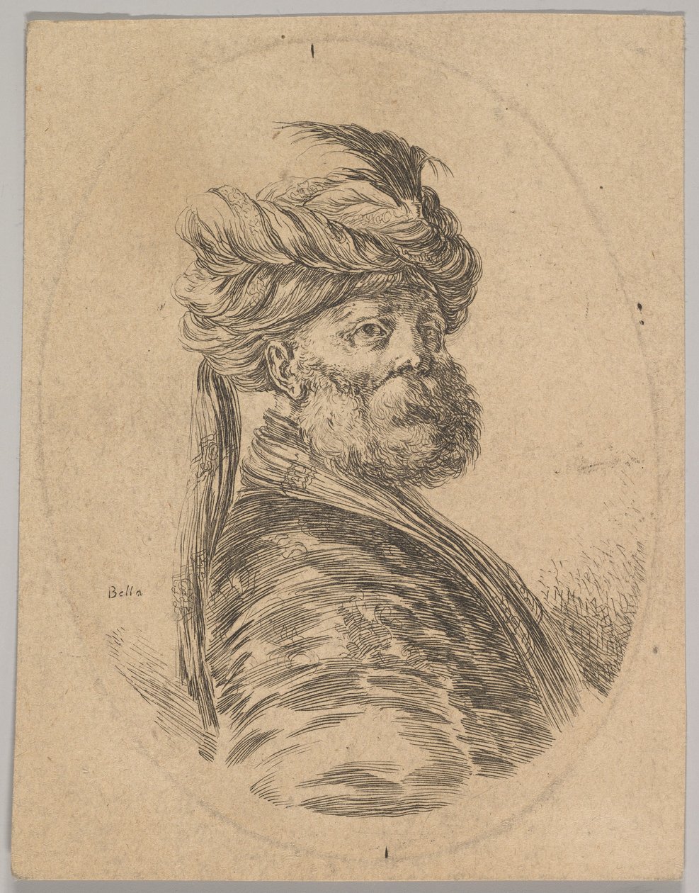 En tyrkisk mann med skjegg og turban med en lang fjær foran, ble trekvart..., 1650. av Stefano della Bella