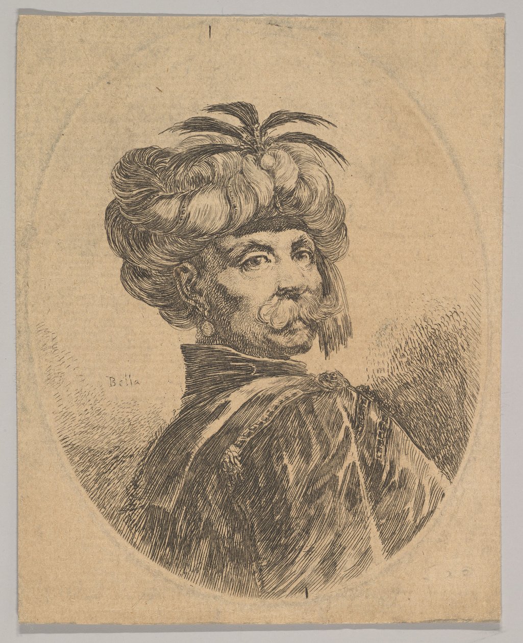 En tyrkisk mann med bart, iført en turban dekorert med fem egretfjær, turne..., 1650. av Stefano della Bella
