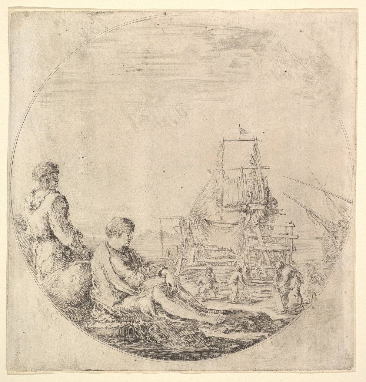 En svart sjømann stående til venstre, i profil til høyre, en hvit sjømann sittende i ..., ca. 1658-63. av Stefano della Bella