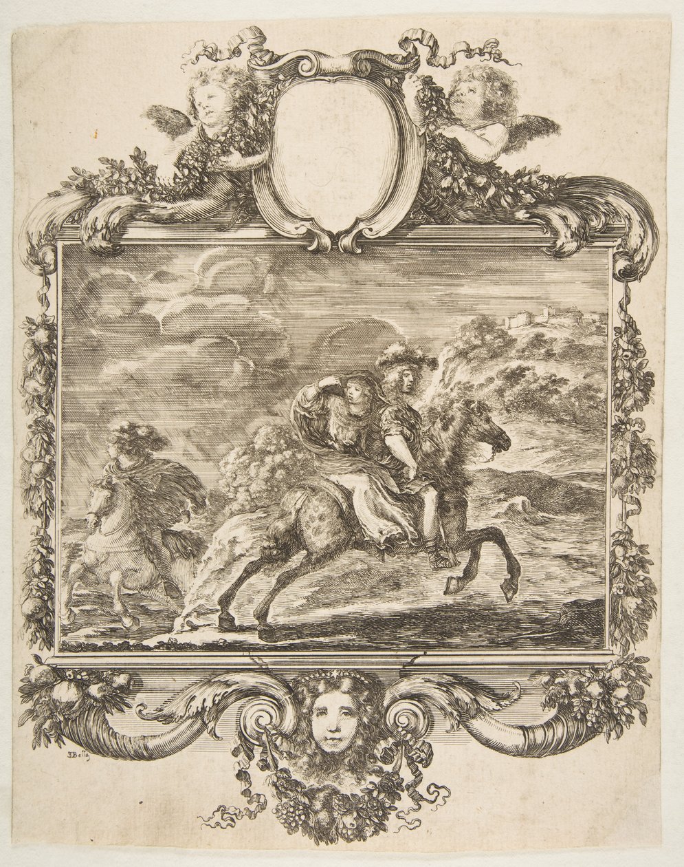 En kavaler og en dame til hest, innenfor en utsmykket kant dekorert med frukt og c..., ca. 1655. av Stefano della Bella