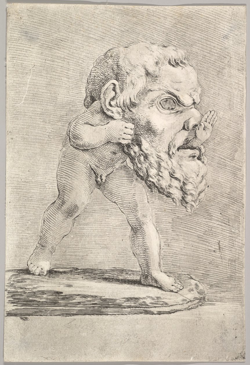 Et barn som bærer en stor maske og fører hånden gjennom munnen, ca. 1660. av Stefano della Bella