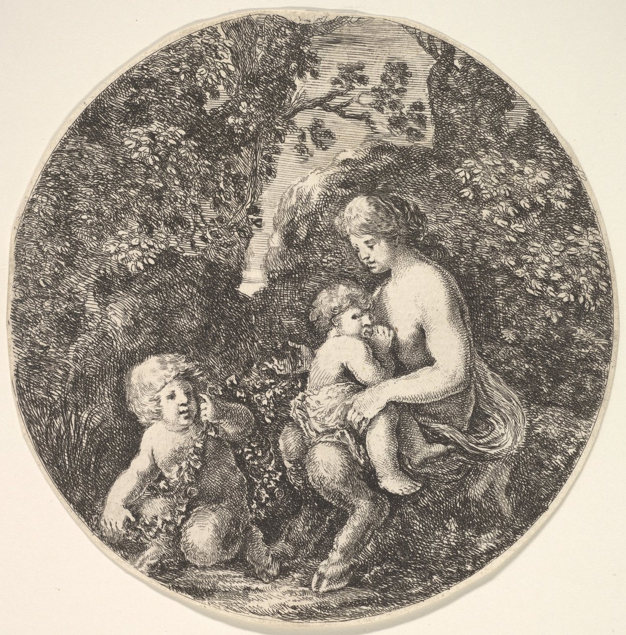 En kvinnelig satyr som ammer et barn til høyre, vendt mot venstre, et satyrbarn..., 1639. av Stefano della Bella