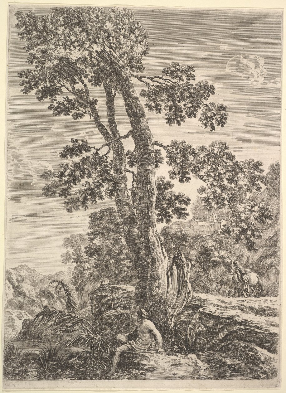 En fisker i midten vendt mot venstre og lent mot et stort tre, en kvinne som går..., ca. 1652-57. av Stefano della Bella