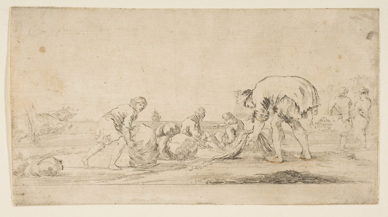 En fisker som henter inn garnene sine, en mann til venstre som skyver en ball til høyre, to seter..., ca. 1662. av Stefano della Bella