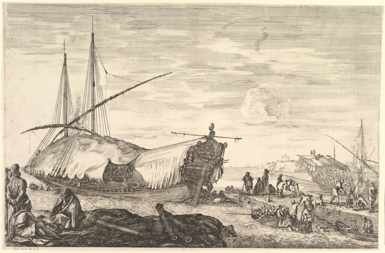 En galei dekket av seil, fra «Utsikter over havnen i Livorno» (Vues du port de Livourne) av Stefano della Bella