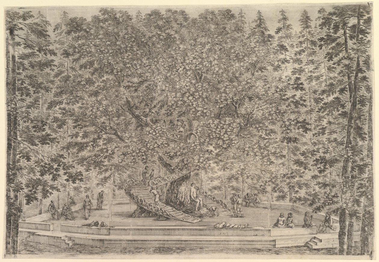 Et stort bebodd tre i sentrum med ramper som fører rundt stammen, under en steinpa..., ca. 1653. av Stefano della Bella