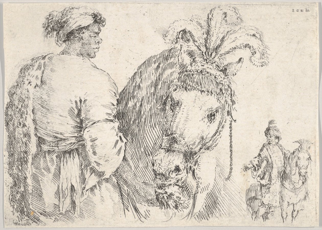En mann til venstre i profilen gir en håndfull høy til en hest i midten, en rytter til t..., ca. 1662. av Stefano della Bella