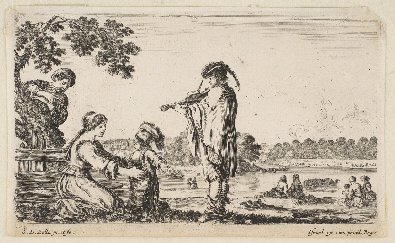 En mann som spiller fiolin i midten, snudd mot venstre i profil, en sittende kvinne til ..., 1649. av Stefano della Bella