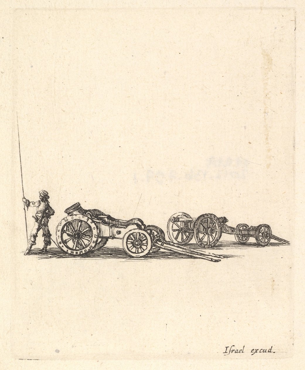 En morter og en kanon, begge montert på vogner, en soldat vist fra bakre sta..., ca. 1638-43. av Stefano della Bella