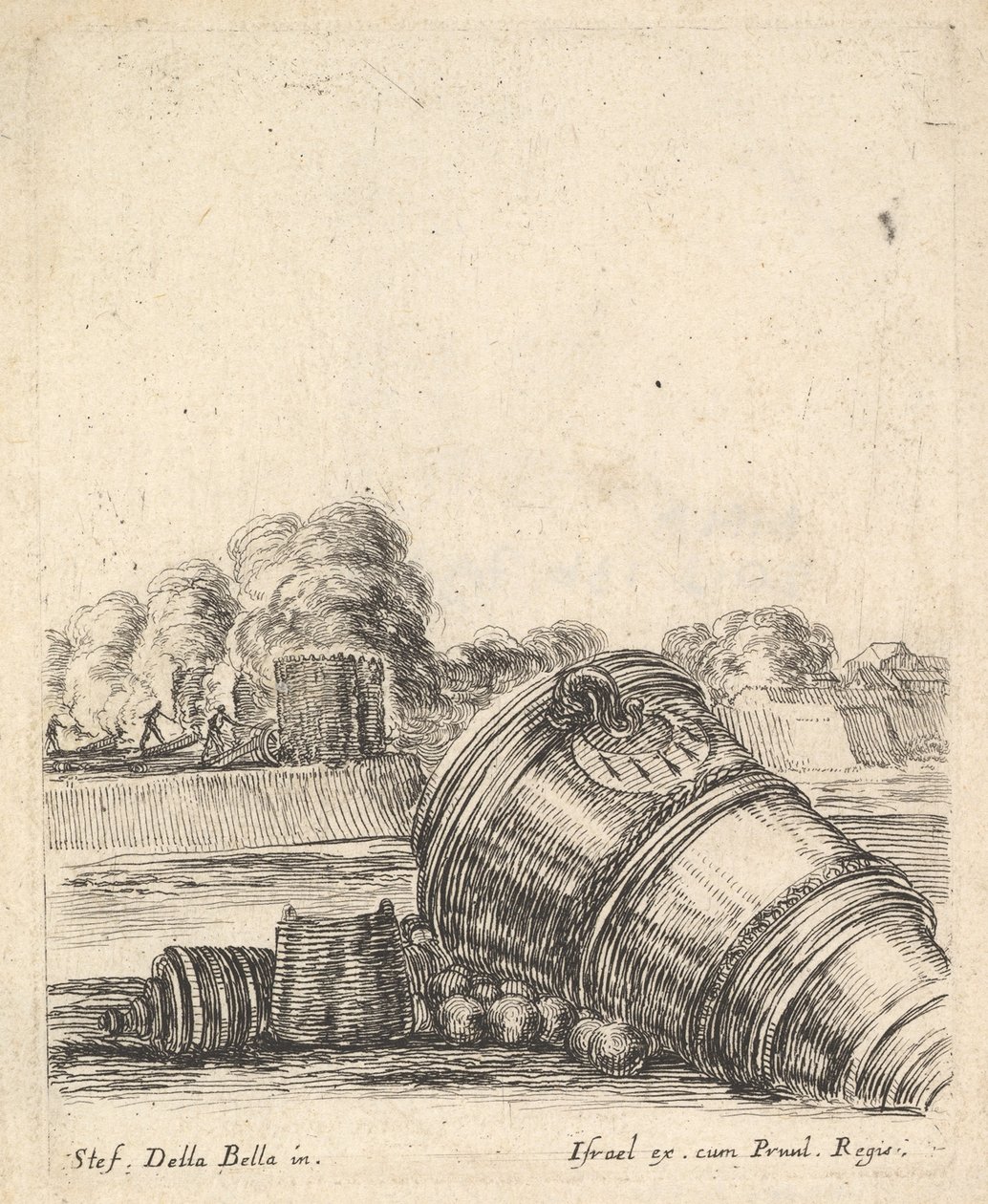 En morter uten vogn liggende på bakken til høyre, soldater som skyter kanon..., ca. 1638-43. av Stefano della Bella