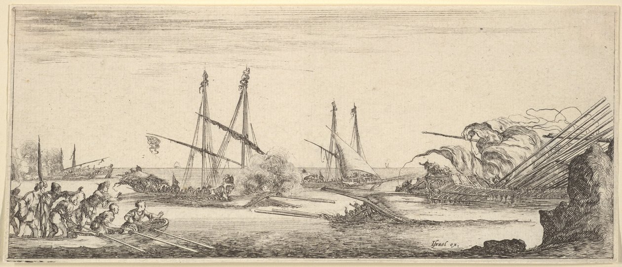 Et sjøslag, en robåt full av menn til venstre, et synkende skip til høyre, to bysser ba..., ca. 1641. av Stefano della Bella
