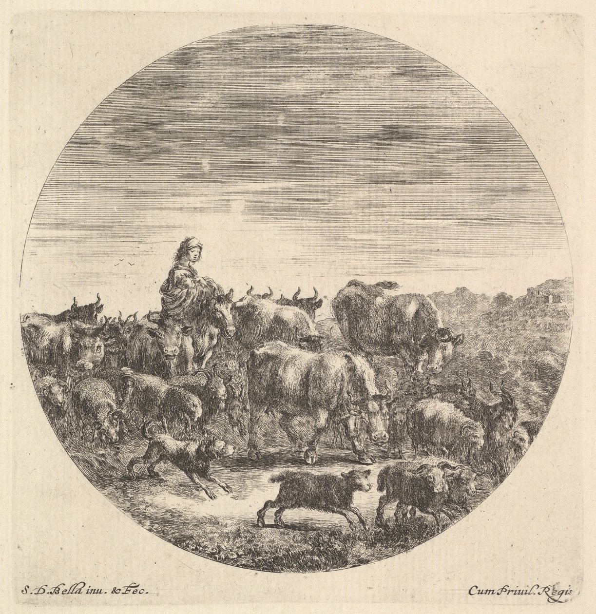 En bondekvinne satt på en hest til venstre, vendt mot høyre, omgitt av en flokk fc..., ca. 1643-48. av Stefano della Bella