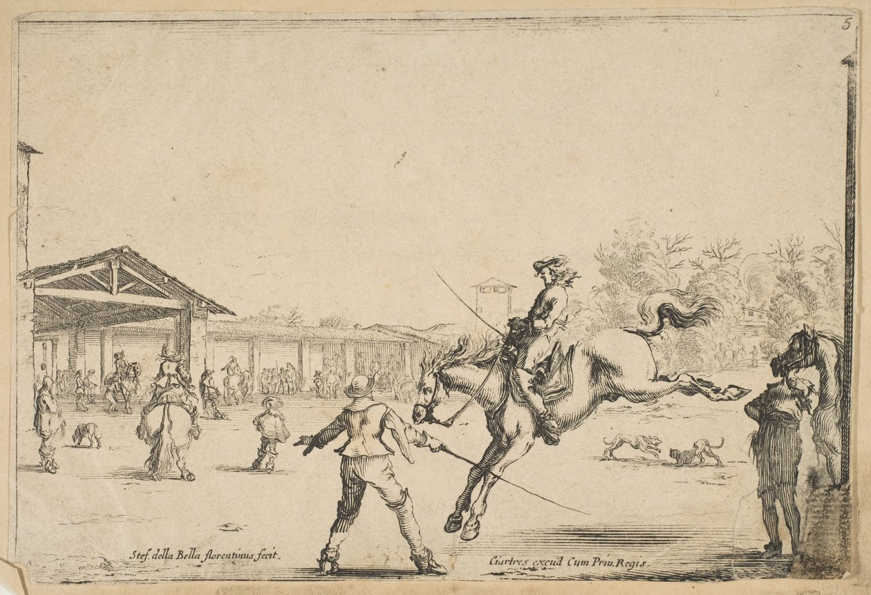 En rideskole, en rytter med sverdhopping regissert av en annen mann med sverd i..., ca. 1645. av Stefano della Bella