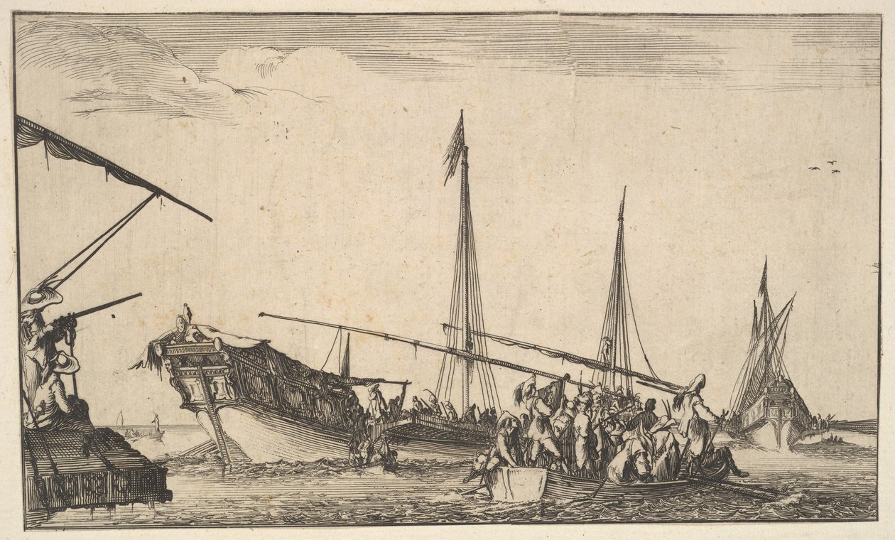 En robåt full av menn til høyre, et skip med menn som går ned i en robåt bak til venstre..., 1639. av Stefano della Bella
