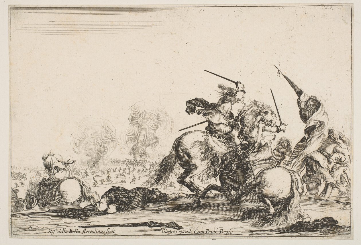 En trefning, to ryttere som kjemper med sverd til høyre, menn som bærer et flagg..., ca. 1645. av Stefano della Bella