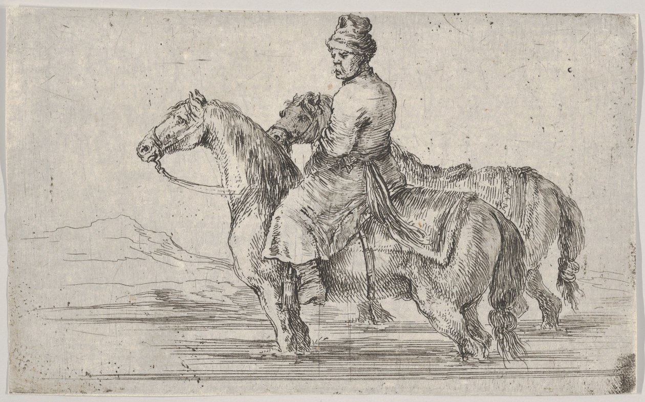 En betjent som tar to hester for å bade, sitter på toppen av en hest i en elv, den andre ved siden av..., ca. 1662. av Stefano della Bella
