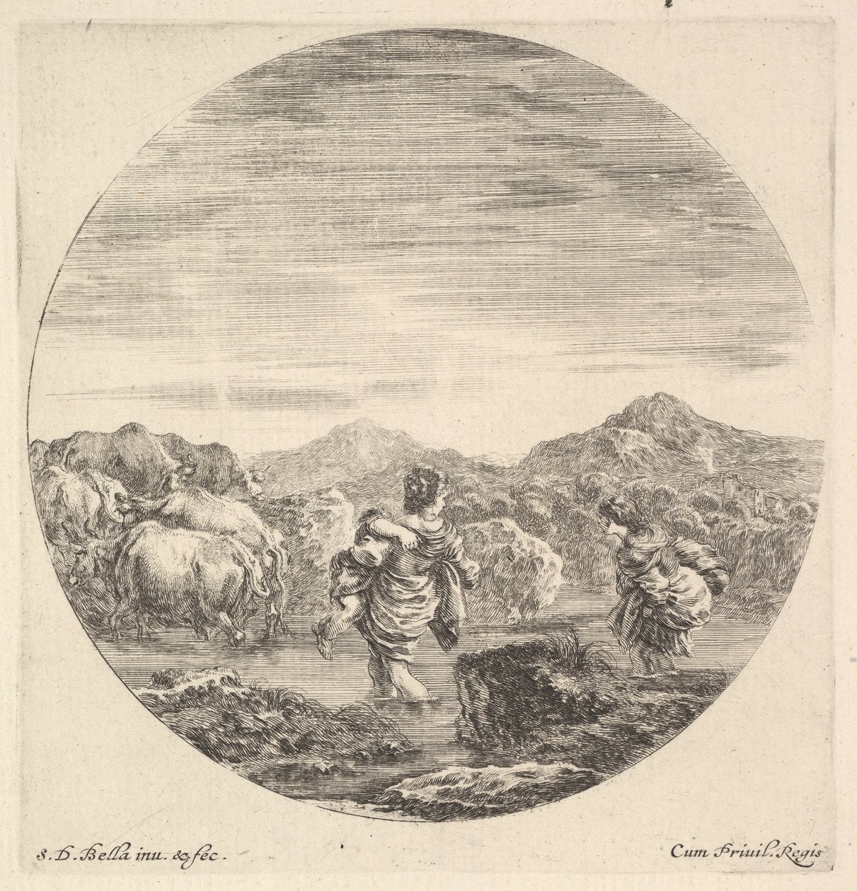 En kvinne som bærer et barn i midten, sett bakfra, en annen kvinne til høyre, ansikt..., ca. 1643-48. av Stefano della Bella