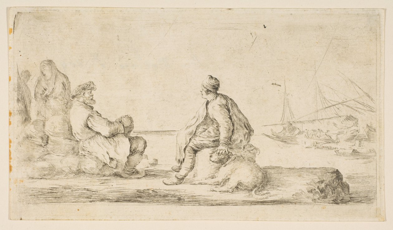 En ung sjømann og en gammel mann som sitter ved sjøen, 1600-tallet. av Stefano della Bella