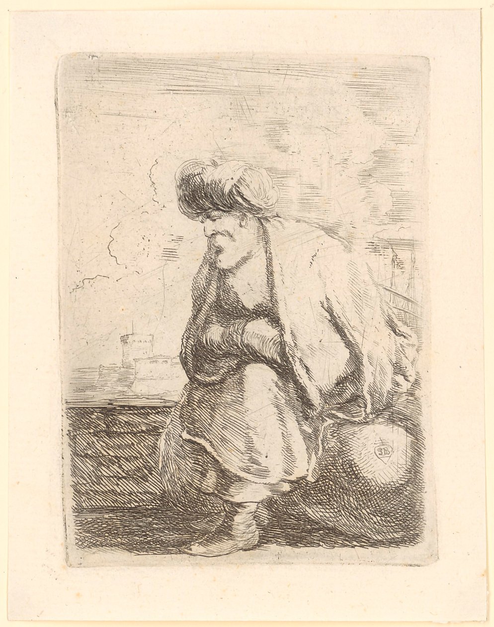 En gammel tyrker med frakk og turban sitter på en stein av Stefano della Bella