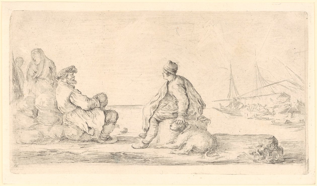 En eldre og en yngre sjømann sitter ved strandkanten av Stefano della Bella