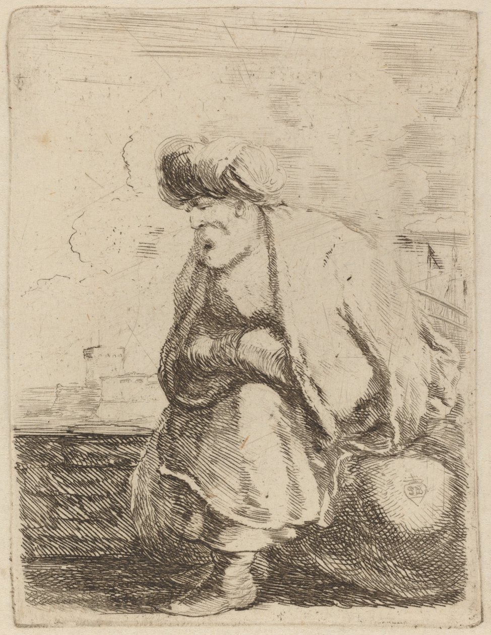 En gammel tyrker med turban på en stein av Stefano della Bella
