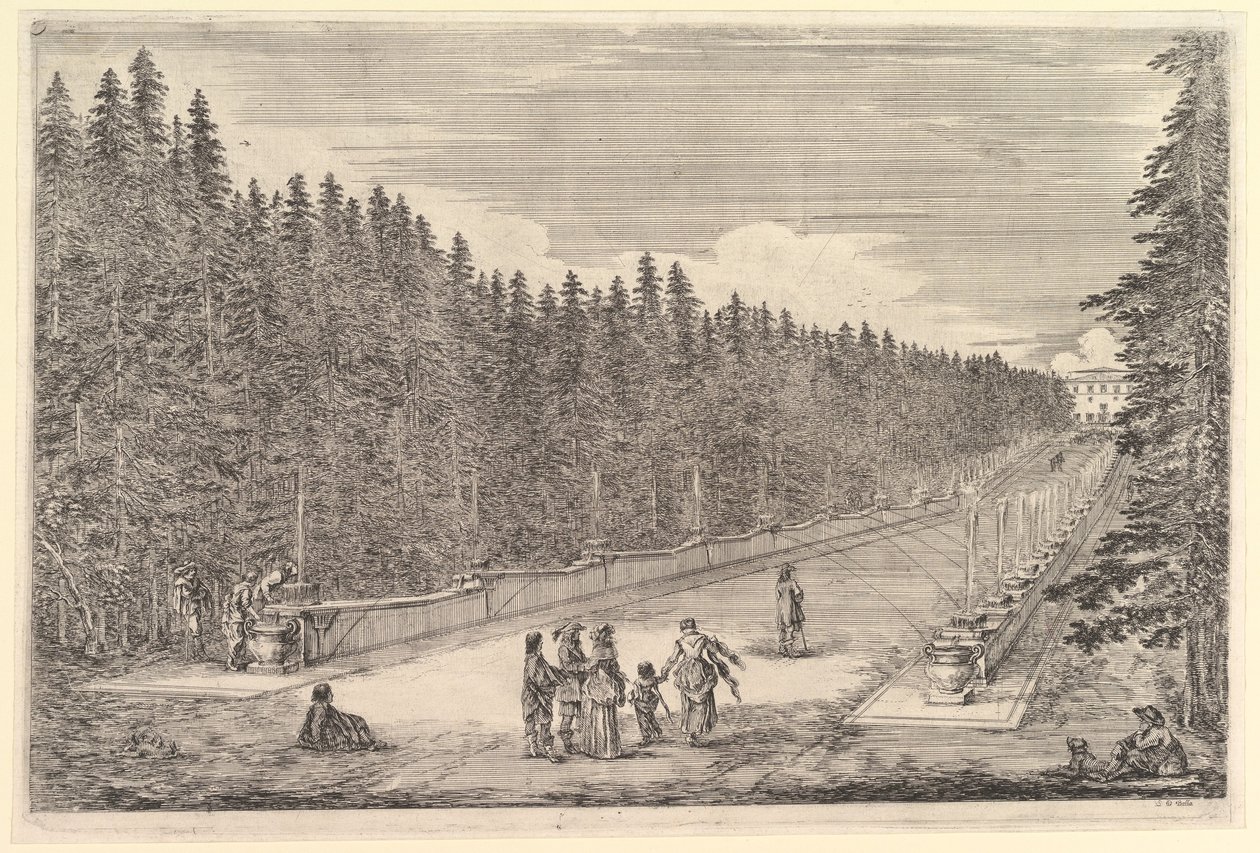 En smug med fontener, en gruppe mennesker i sentrum, en mann og hund som sitter til høyre, to..., ca. 1653. av Stefano della Bella