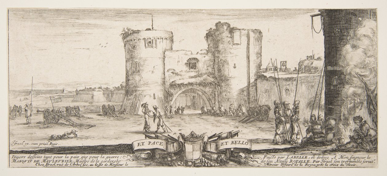 En inngang til en festning i sentrum, en kvinne med barn ved bål til høyre, sol..., ca. 1641. av Stefano della Bella