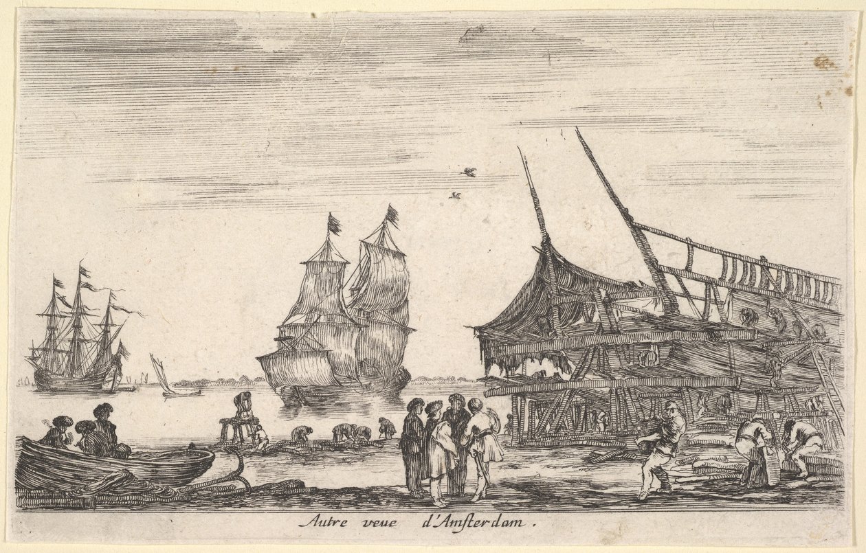 En annen utsikt over Amsterdam Autre vue dAmsterdam, en gruppe på fire menn står i sentrum på ..., 1647. av Stefano della Bella