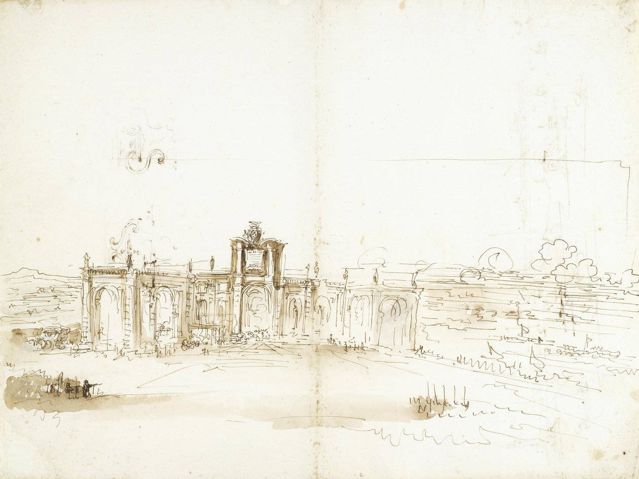 Utsikt over havnen i Livorno med en bygning som bærer Medici-familiens våpen [recto]; havneutsikt og to ornamentstudier [verso] av Stefano della Bella