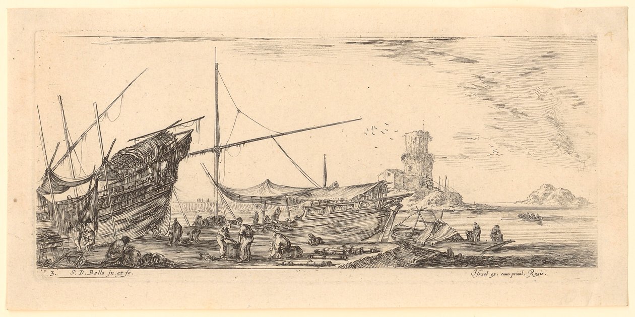 Utsikt over en havn med galeier og arbeidere av Stefano della Bella