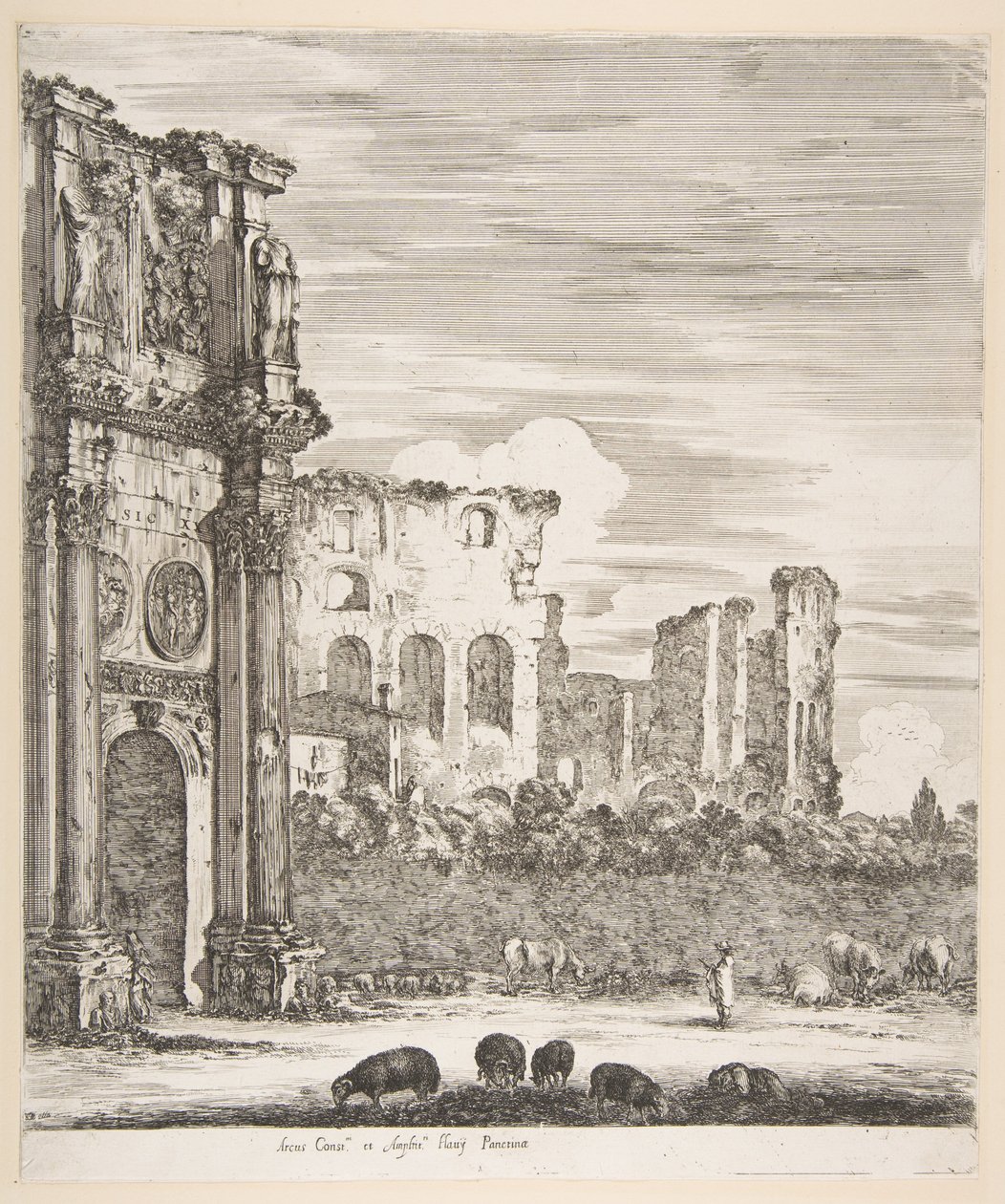 Konstantinbuen og Colosseum med beitende sauer i forgrunnen, fra «Seks store utsikter, fire over Roma og to over den romerske Campagna» (Seks store utsikter, hvorav fire over Roma og to over den romerske Campagna) av Stefano della Bella