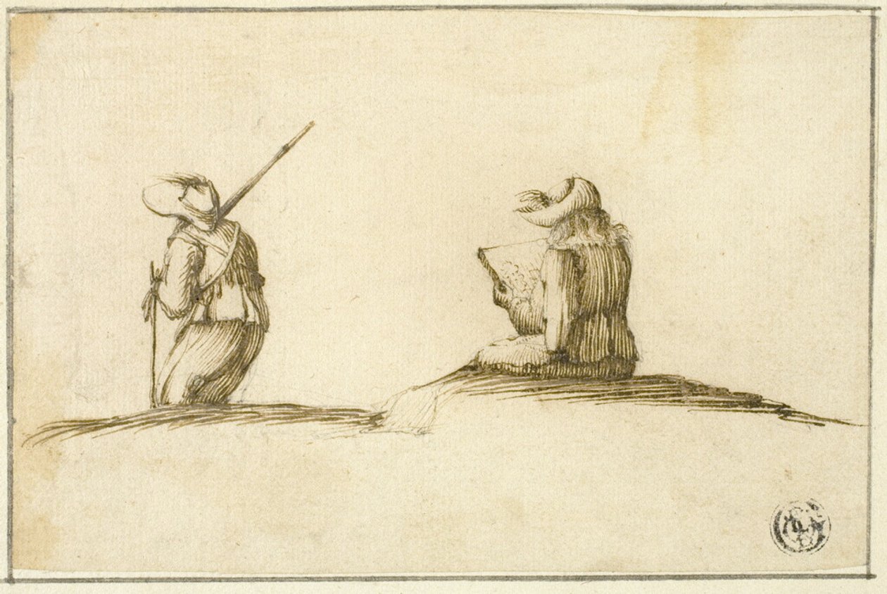 Kunstnerskisse og soldat, begge sett bakfra av Stefano della Bella