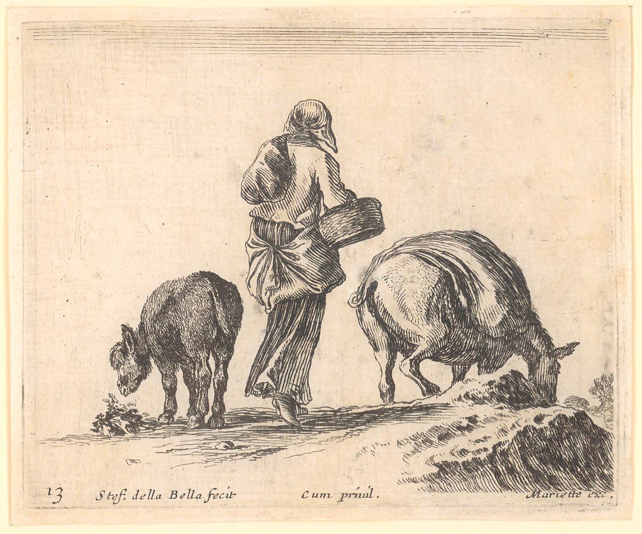 Bondekvinne med to esler av Stefano della Bella