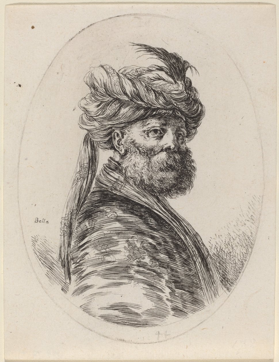 Skjeggmyr i en fjærkledd turban med slør, vendt mot høyre, 16491650. av Stefano della Bella
