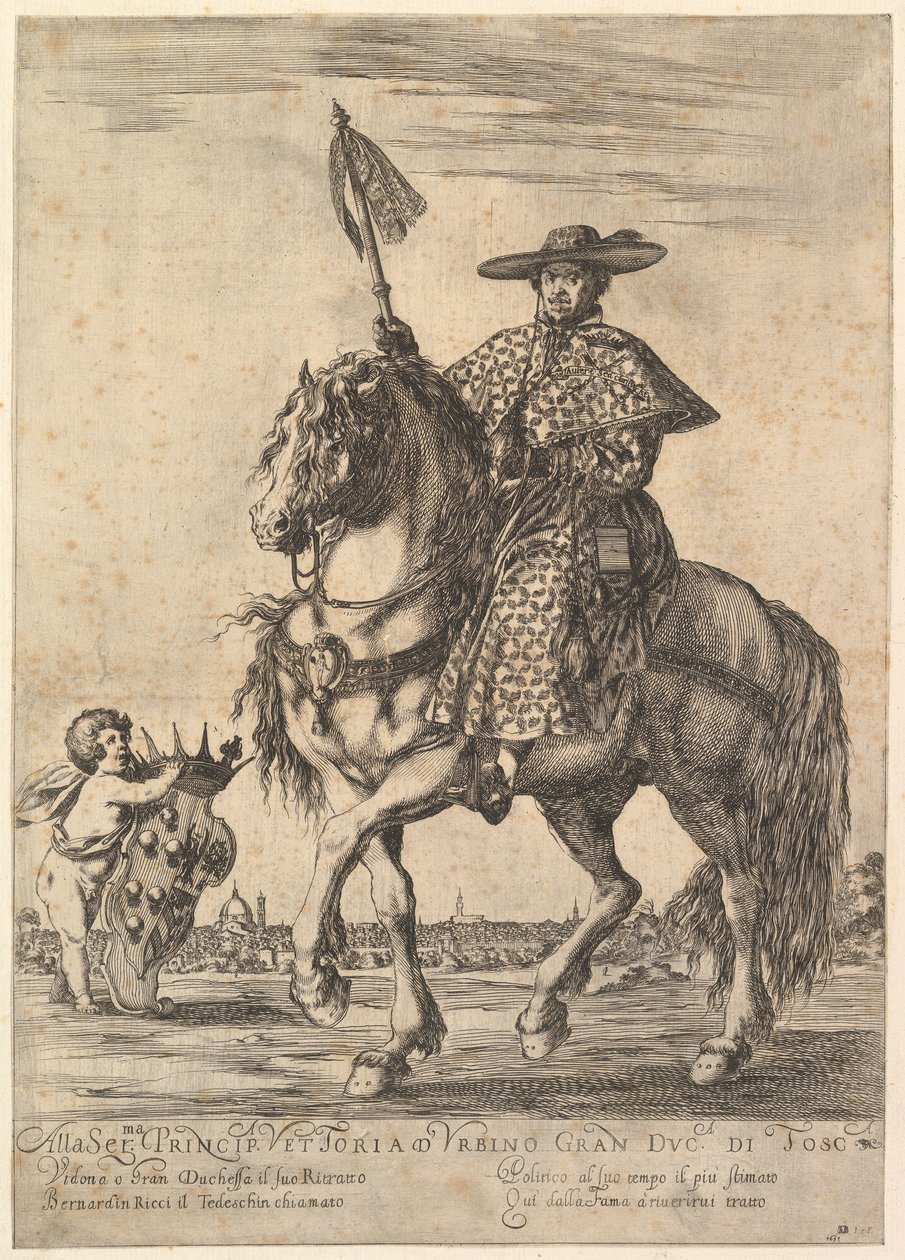 Bernardino Ricci, kalt il Tedeschino, på toppen av en hest i midten, rir mot venstre, w..., 1637. av Stefano della Bella