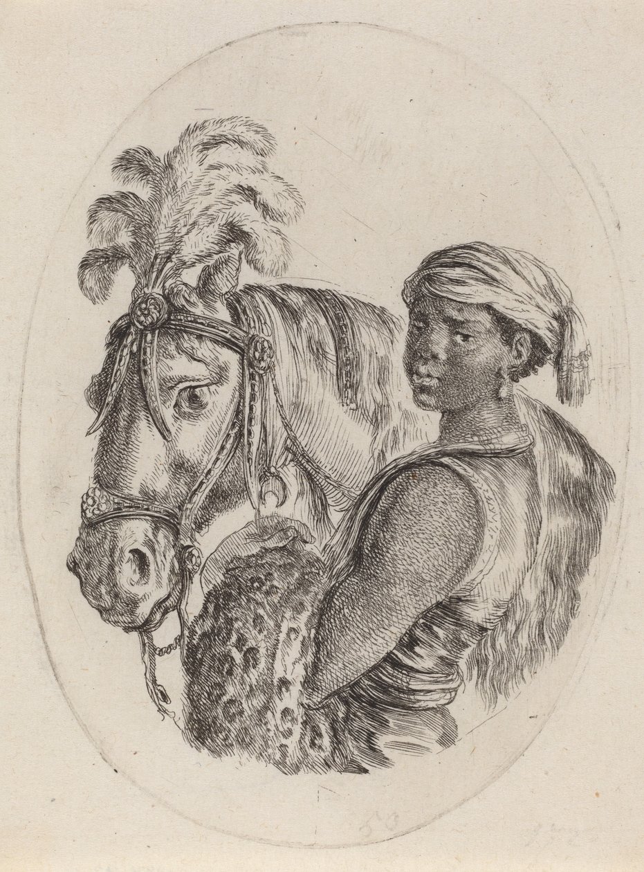 Svart brudgom med en arabisk hest, 16491650. av Stefano della Bella