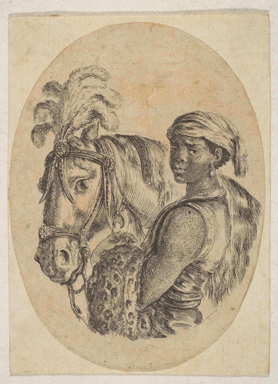Svart slave bærer et leopardskinn og holder hodelaget til en hest, fra Flere hoder..., 1649-50. av Stefano della Bella