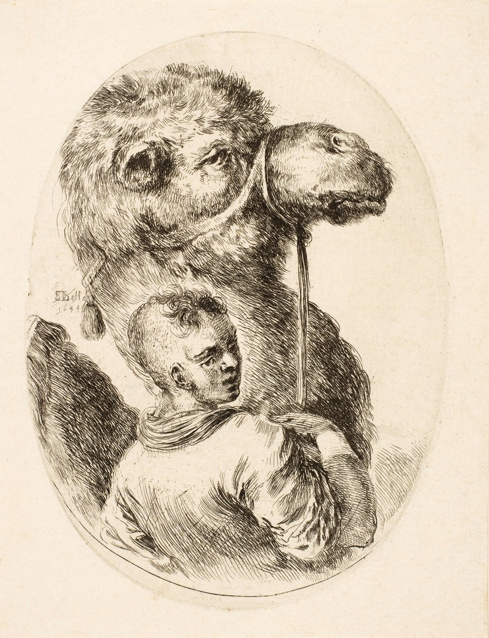 Gutt som holder en kamel ved hodelaget, fra Several Heads Coiffées à la Persienne, pub. vs. 1650 (gravering) av Stefano della Bella